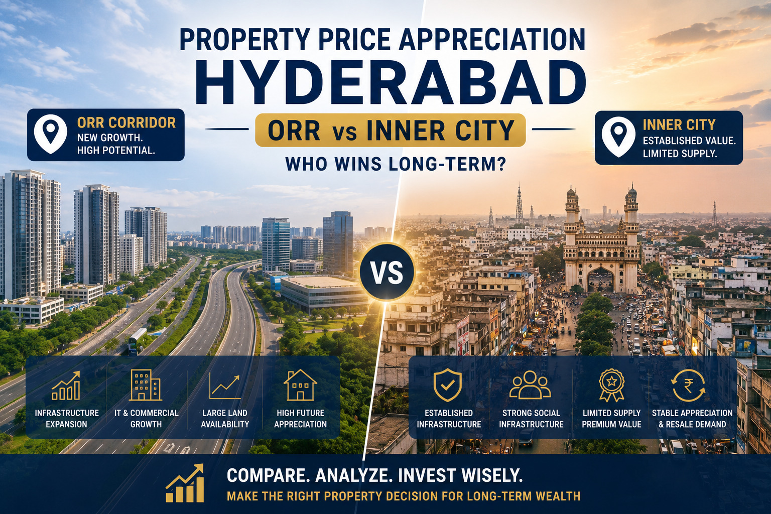  Property price appreciation in Hyderabad across ORR corridors and prime city locations.
